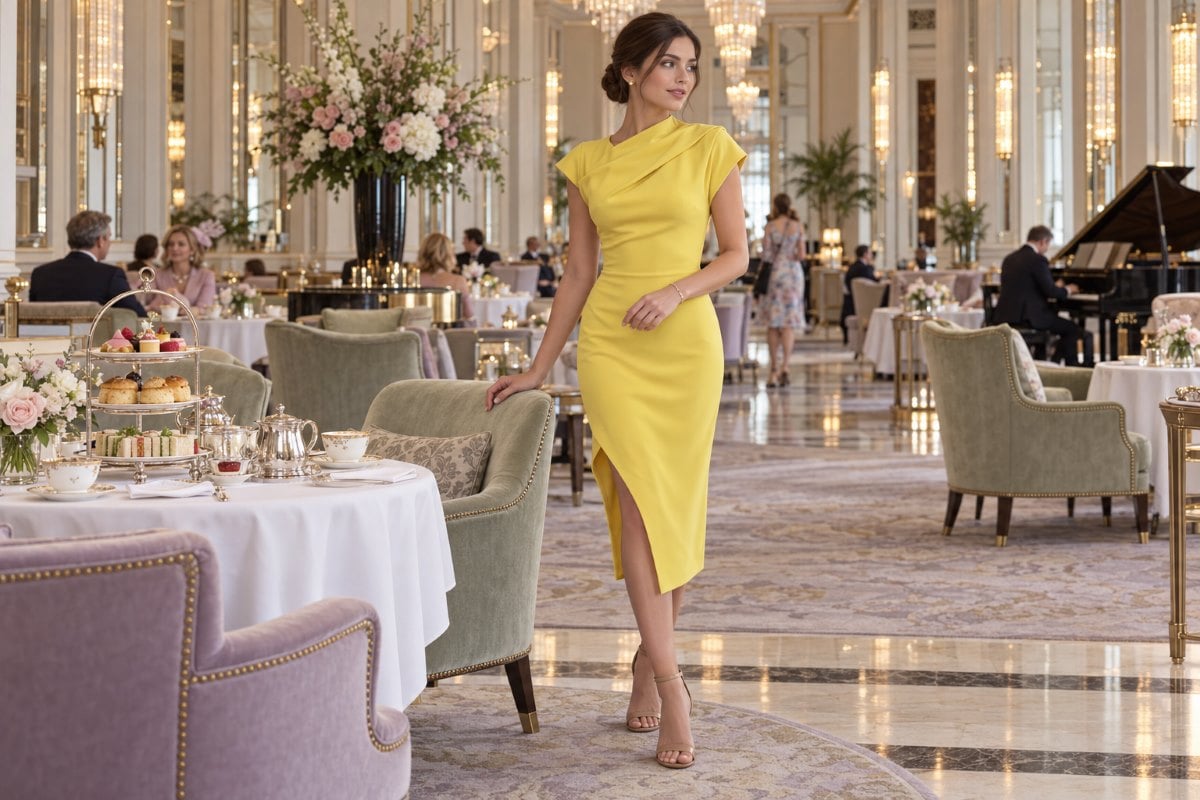 Yellow midi dress for hotel afternoon tea