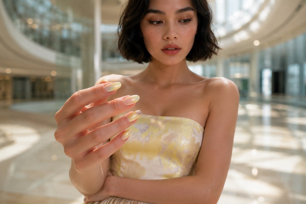 Yellow ombre prom nails with floral dress