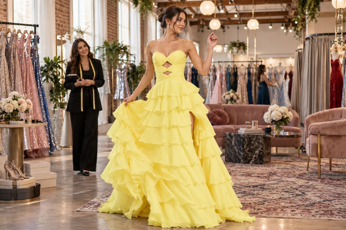 Yellow ruffle prom gown fitting editorial