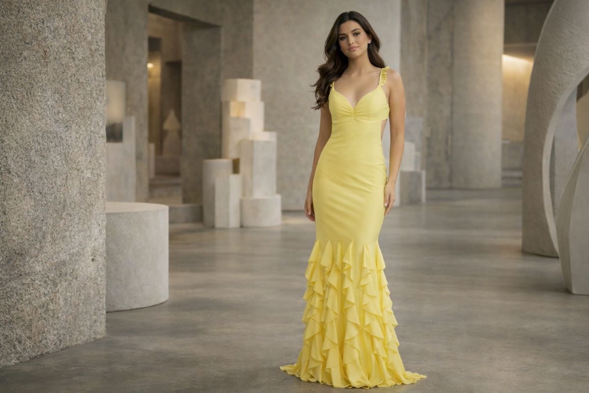 Yellow ruffled hem prom dress with V neckline full body