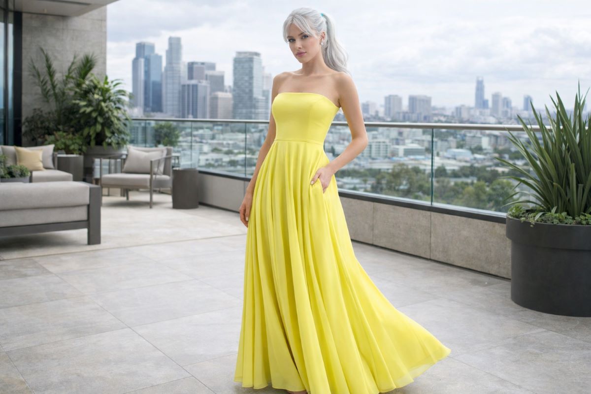 yellow strapless pleated long dress
