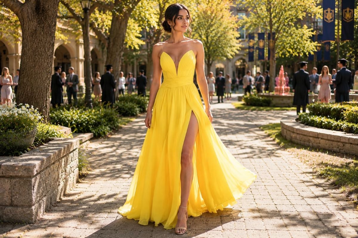 Yellow summer graduation gown outdoor look