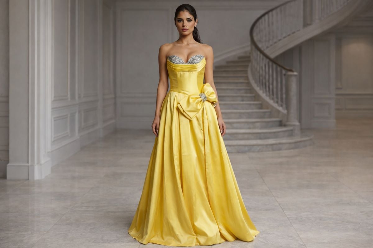 Strapless sweetheart satin gown with waist bow