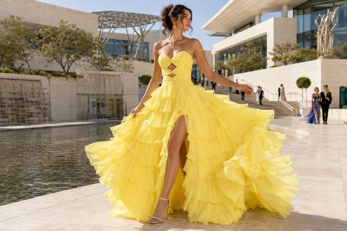 Yellow tiered ruffle prom dress trend