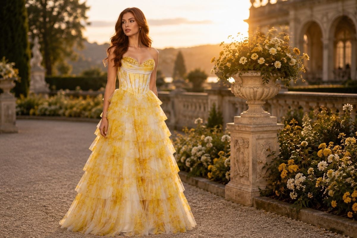 Yellow tiered strapless formal gown