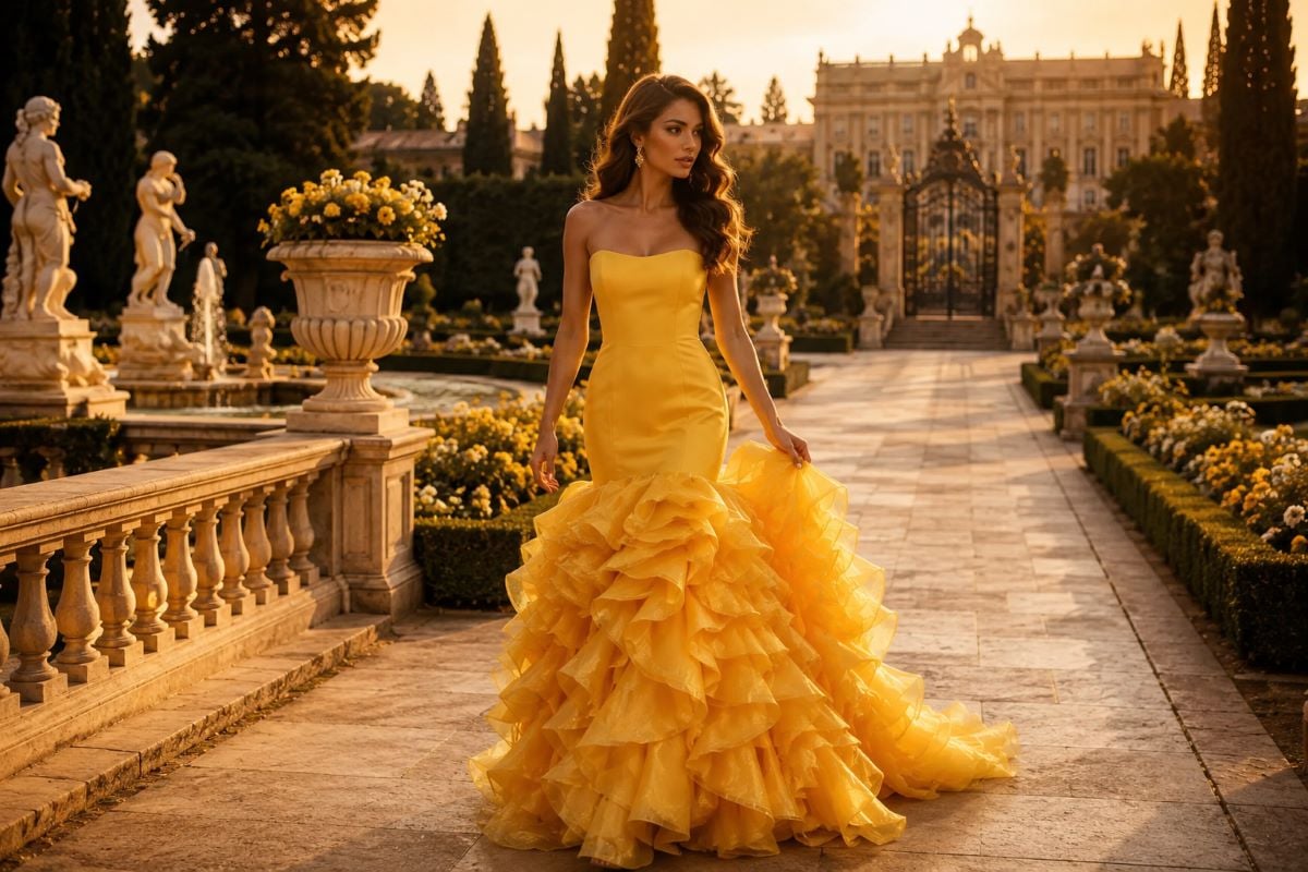 Yellow warm-tone pageant gown editorial look