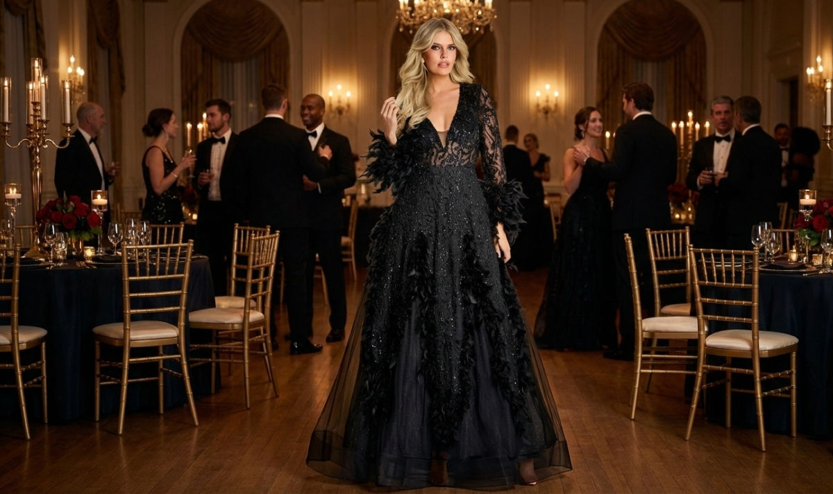 Mother of the bride in an elegant black beaded Jovani gown at a formal evening wedding reception.